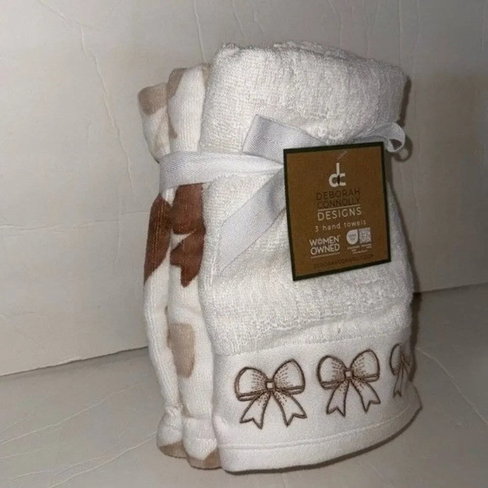 NWT Deborah Connolly 12 Piece Velour Cotton Bath Towel Set White Brown Tan Bows
